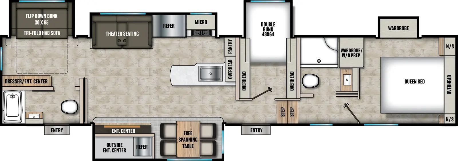 The Chaparral 373MBRB floorplan has two entries and five slide outs. Exterior features include: fiberglass exterior, 17' awning,  outside entertainment and outside kitchen. Interiors features include: bunk beds, free-standing dinette option, front bedroom and two full bathrooms.